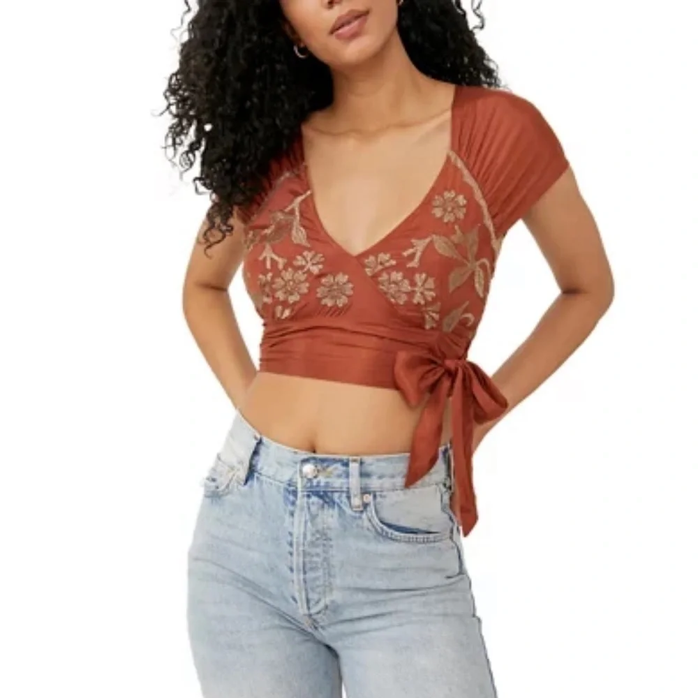Free People Sahara Embroidered Top In Rust Combo Size XS
